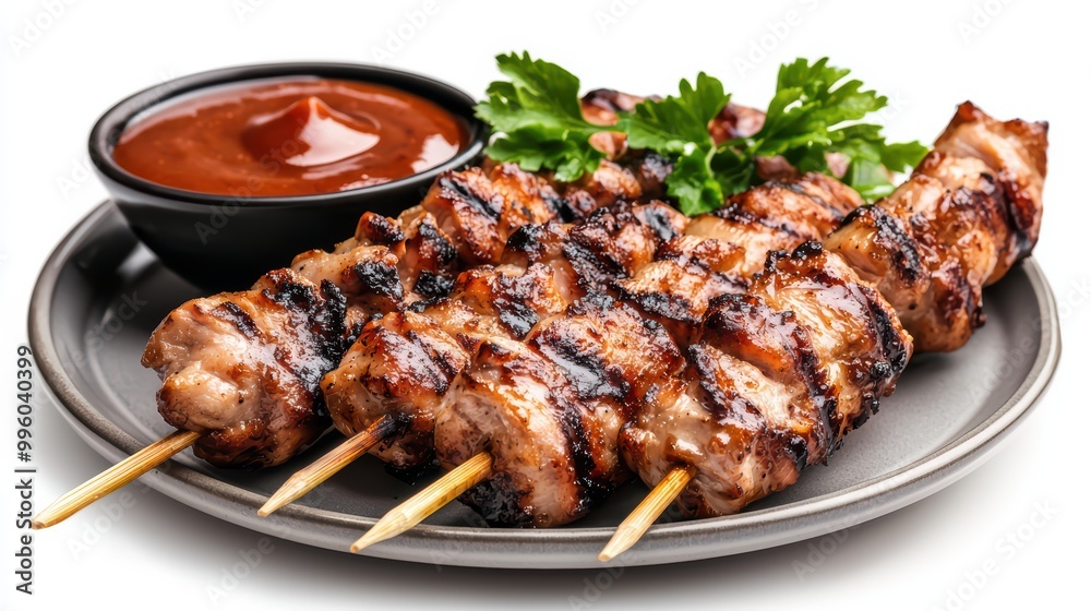 Grilled meat skewers on a plate with sauce and greens, white isolate background. Grilled meat skewers on a plate with sauce and greens, white isolate background.