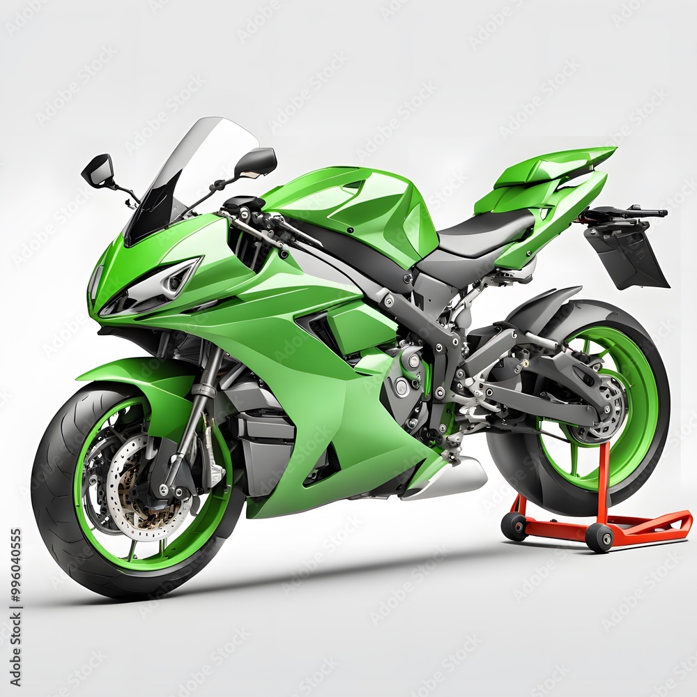 A Green Sport Bike Motorcycle Isolated on White Background, Side View A Green Sport Bike Motorcycle Isolated on White Background, Side View