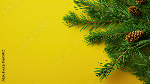 Top view of tree branches with Christmas ornaments and details on a chartreuse background