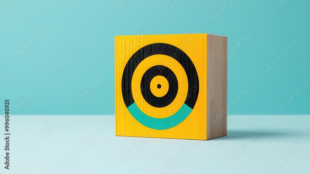 Wooden shipping box, bright target design, square focus, 3D illustration