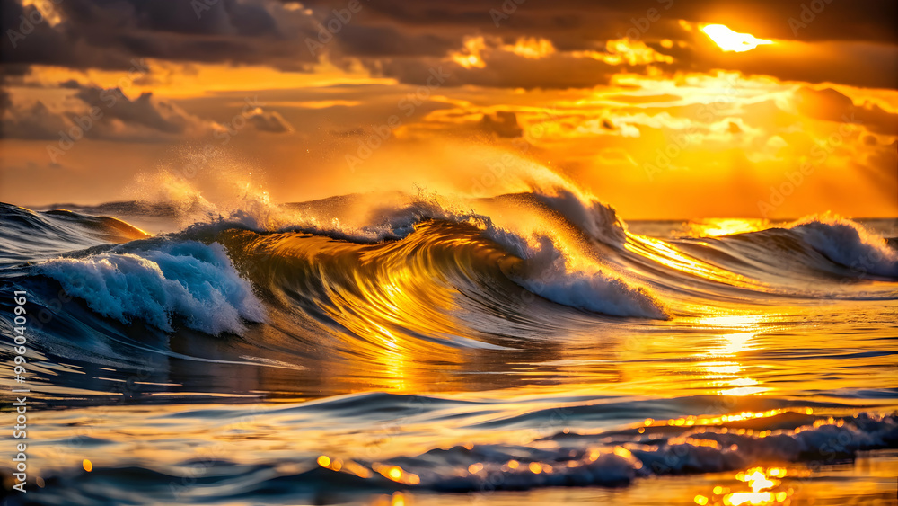 Obraz premium Majestic ocean waves glowing gold in the warm light of dusk , golden, waves, dusk, ocean, majestic, glowing, water, sunlight