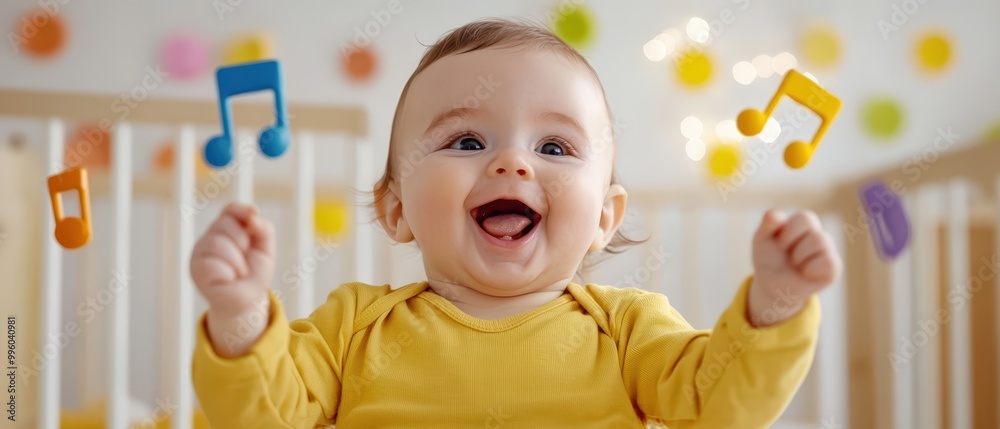 Happy baby playing with musical notes, colorful background, joyful expression. Happy baby playing with musical notes, colorful background, joyful expression.