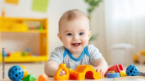 Happy baby playing with colorful toys on the floor in a bright room.