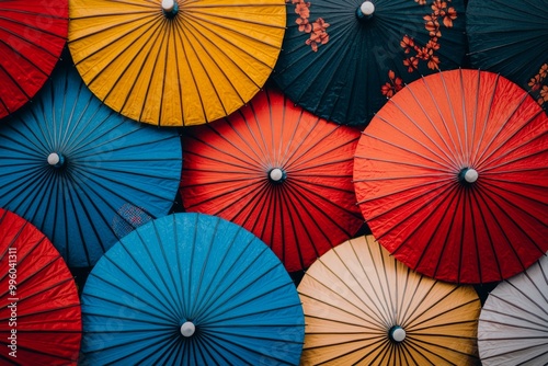 Top down view of colorful bright japanese umbrellas 