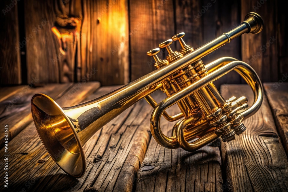 Obraz premium Antique trumpet gleaming with polished brass and intricate details, beautifully displayed on a rustic wooden surface, perfect for collectors and vintage music enthusiasts alike.