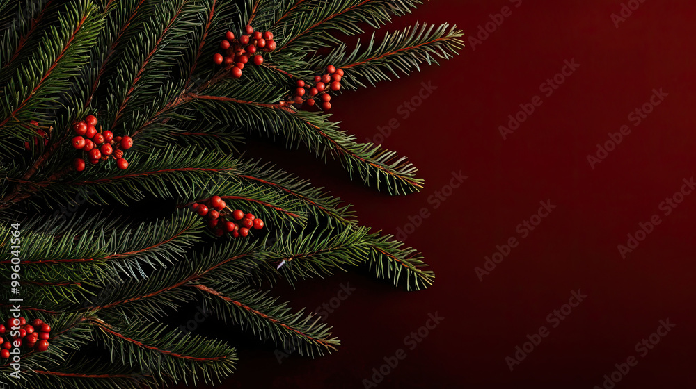 Top view of tree branches with Christmas ornaments and details on a dark red background Top view of tree branches with Christmas ornaments and details on a dark red background