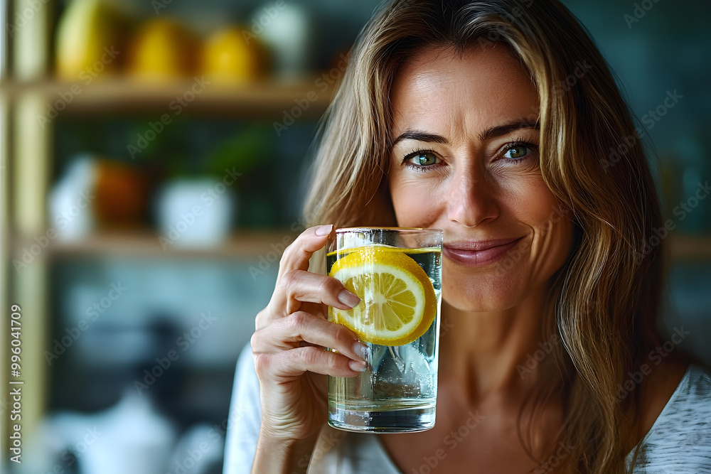 Healthy Middle Age. Smiling Woman Drinking Refreshing Lemon Water for Balanced Hydration and Weight Loss