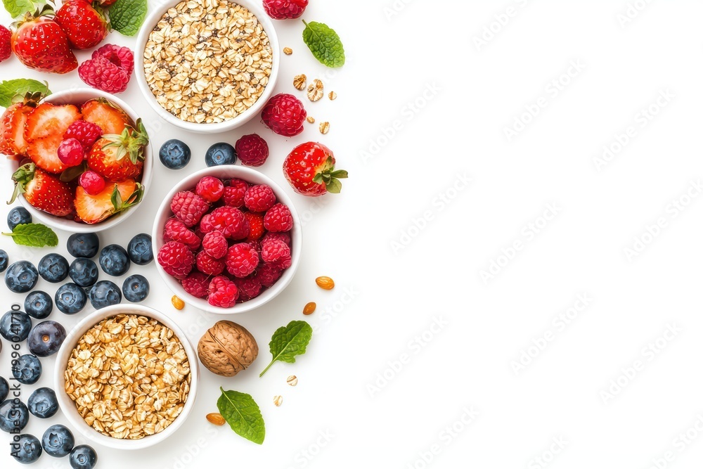 Healthy fruits and oats in bowls on white isolate background. Healthy fruits and oats in bowls on white isolate background.