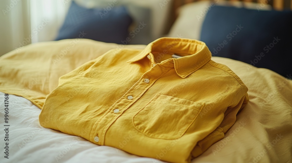 A casual yellow shirt folded neatly on a bed, ready to be worn for a bright and cheerful day A casual yellow shirt folded neatly on a bed, ready to be worn for a bright and cheerful day