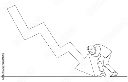 Continuous one line drawing of depressed businessman hitting downtrend graph with his fist, economic recession, business failure concept, single line art.