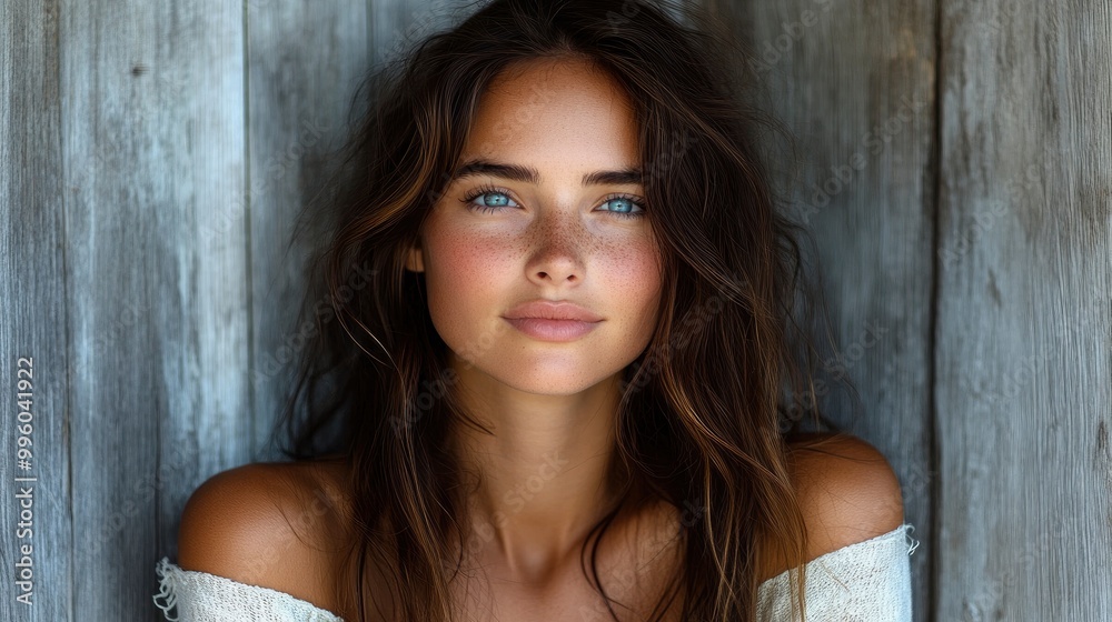 Fototapeta premium Portrait of a Beautiful Woman with Freckles and Blue Eyes