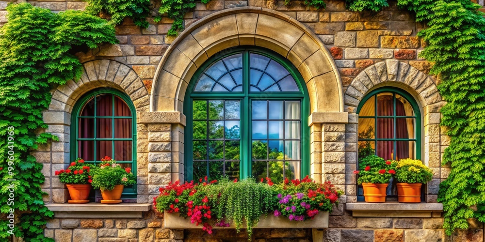 An elegant arched window graces the classic stone-clad building, adorned with lush greenery, creating a harmonious blend of nature and architectural beauty. An elegant arched window graces the classic stone-clad building, adorned with lush greenery, creating a harmonious blend of nature and architectural beauty.