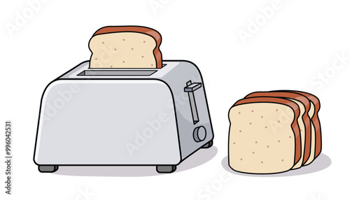 Isolated toaster illustration with breads beside in white background. Vector Illustration.