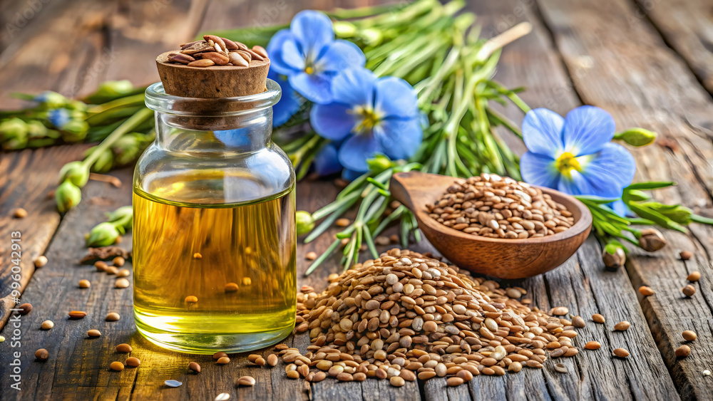 Bottle of flaxseed oil surrounded by flax seeds and blue flax flowers on rustic wooden background , flaxseed oil Bottle of flaxseed oil surrounded by flax seeds and blue flax flowers on rustic wooden background , flaxseed oil
