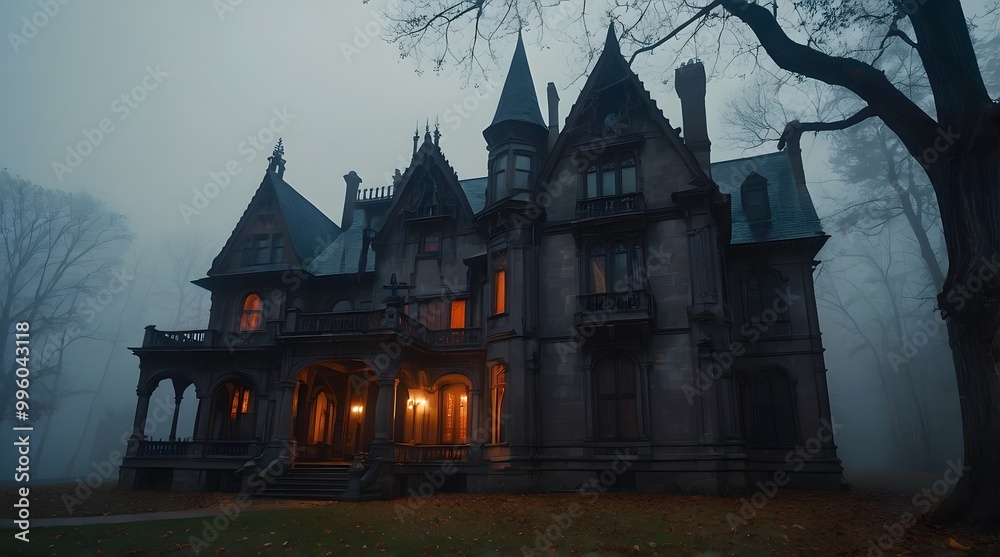 A spooky Gothic Style mansion in the middle of a dark, foggy forest. A spooky Gothic Style mansion in the middle of a dark, foggy forest.
