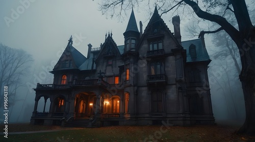 A spooky Gothic Style mansion in the middle of a dark, foggy forest.