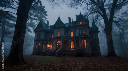 A spooky Gothic Style mansion in the middle of a dark, foggy forest.