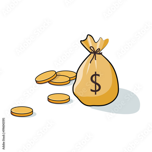 A bag of gold coins with dollar logos and strewn coins beside. Vector illustration.