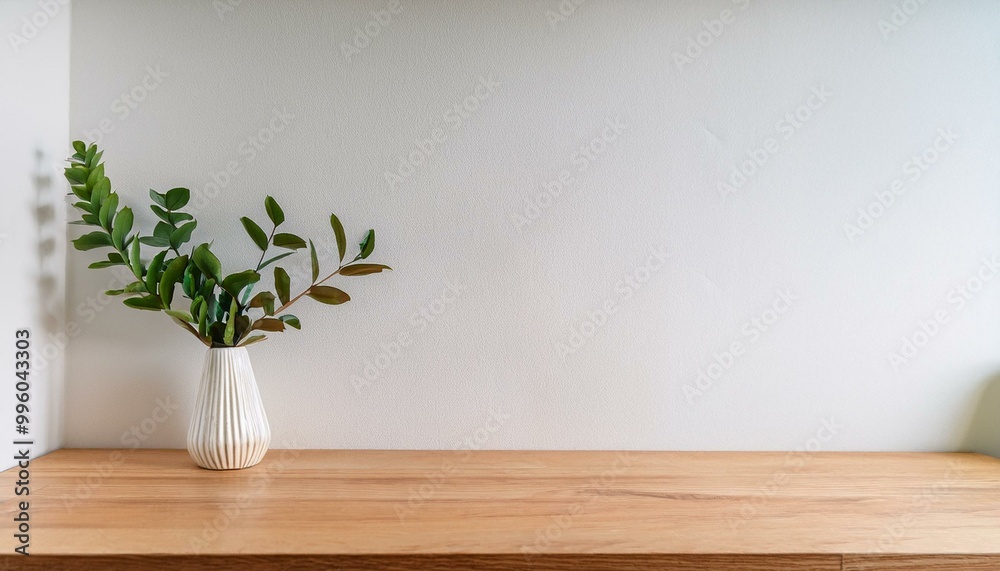 Kitchen wooden countertop on white wall background. Minimalistic room with tabletop and plant in vase for product presentation. Clean closeup mockup. interior of a room with a plant Kitchen wooden countertop on white wall background. Minimalistic room with tabletop and plant in vase for product presentation. Clean closeup mockup. interior of a room with a plant