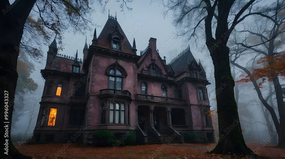 A spooky Gothic Style mansion in the middle of a dark, foggy forest. A spooky Gothic Style mansion in the middle of a dark, foggy forest.