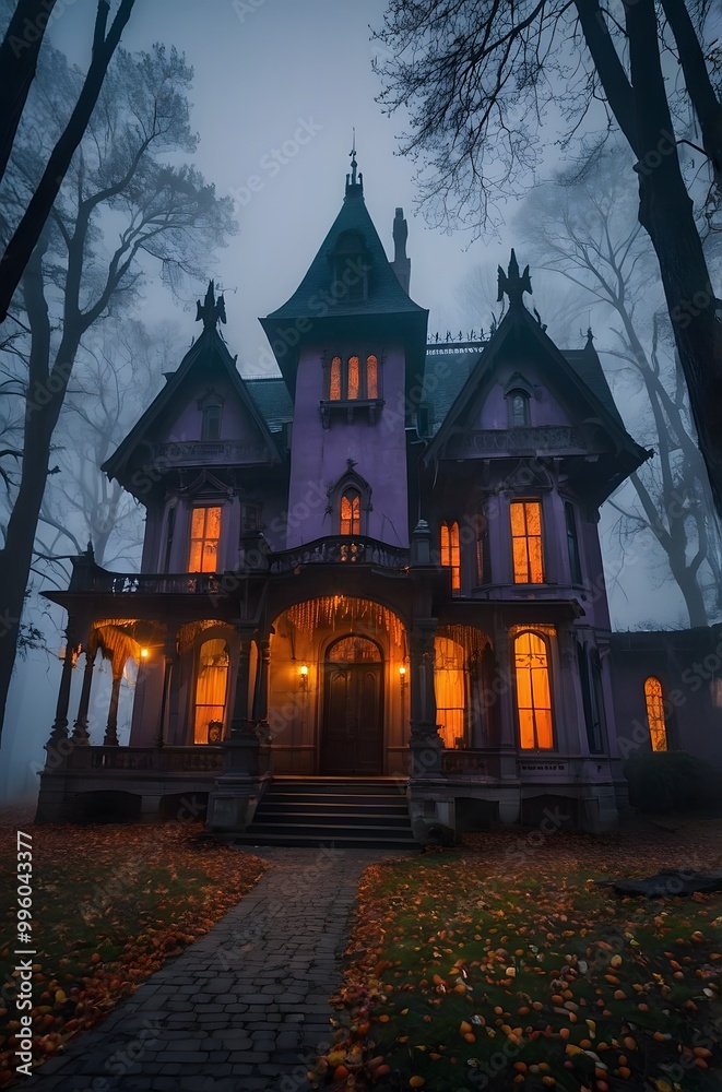 A spooky Gothic Style mansion in the middle of a dark, foggy forest. A spooky Gothic Style mansion in the middle of a dark, foggy forest.