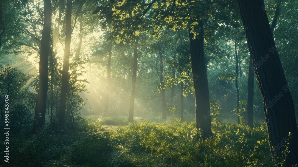 Obraz premium Sunbeams Illuminating a Misty Forest Path
