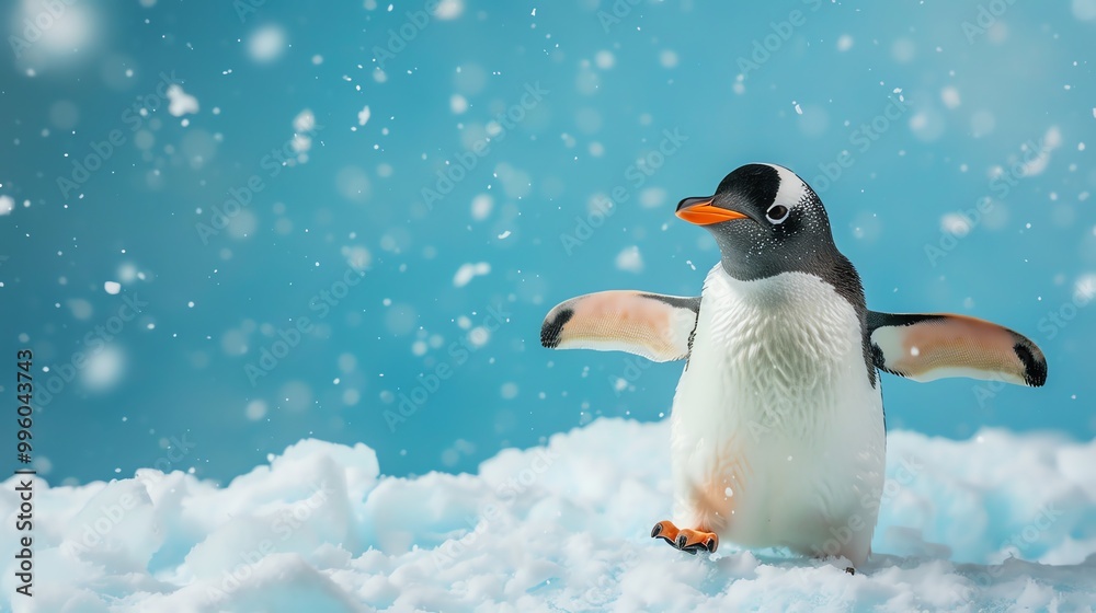 Obraz premium A penguin is walking on snow with a blue background and snow falling.