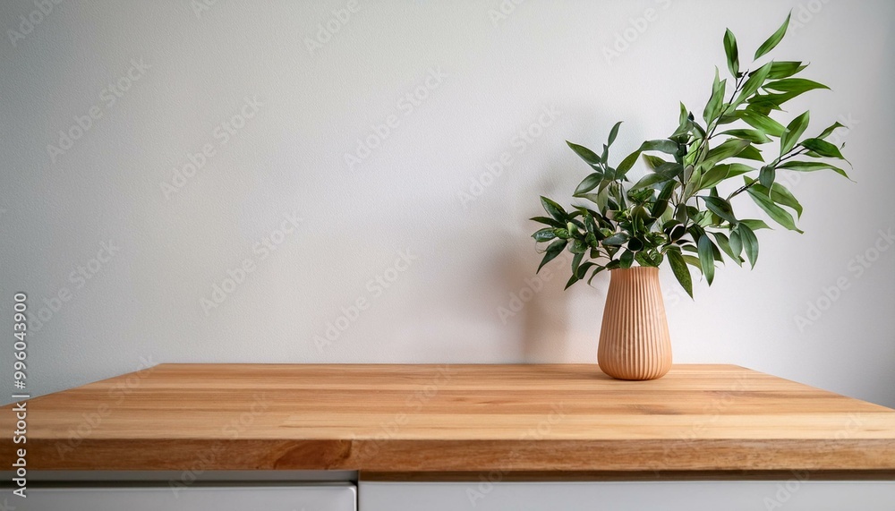 Kitchen wooden countertop on white wall background. Minimalistic room with tabletop and plant in vase for product presentation. Clean closeup mockup. interior of a room with a plant Kitchen wooden countertop on white wall background. Minimalistic room with tabletop and plant in vase for product presentation. Clean closeup mockup. interior of a room with a plant