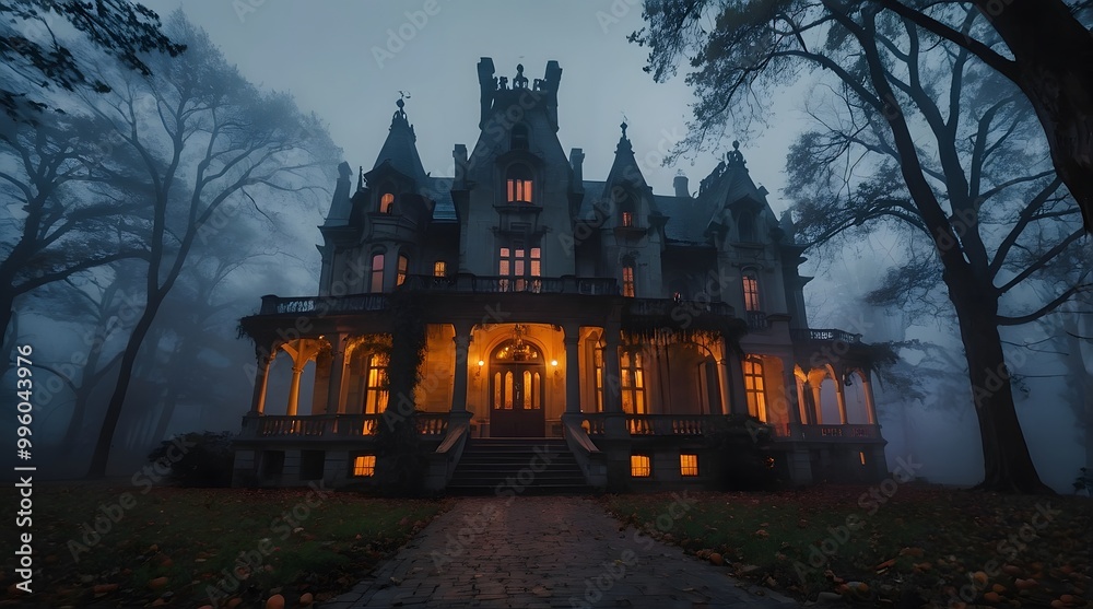 A spooky Gothic Style mansion in the middle of a dark, foggy forest. A spooky Gothic Style mansion in the middle of a dark, foggy forest.