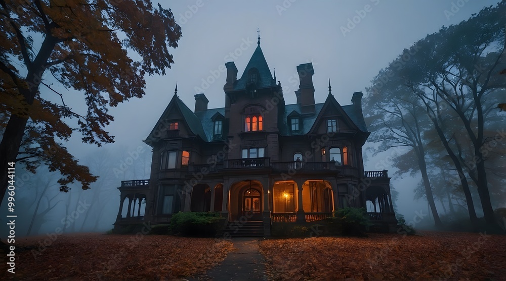 A spooky Gothic Style mansion in the middle of a dark, foggy forest. A spooky Gothic Style mansion in the middle of a dark, foggy forest.
