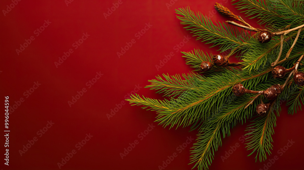 Top view of tree branches with Christmas ornaments and details on a vivid maroon background Top view of tree branches with Christmas ornaments and details on a vivid maroon background