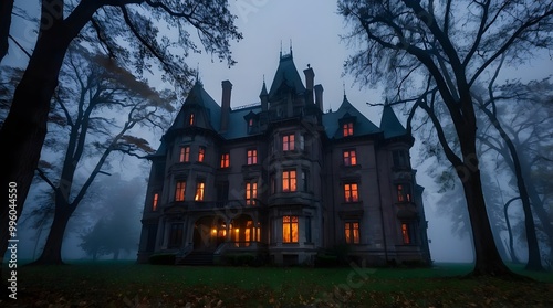 A spooky Gothic Style mansion in the middle of a dark, foggy forest.