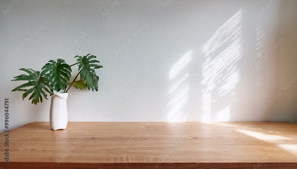 Kitchen wooden countertop on white wall background. Minimalistic room with tabletop and plant in vase for product presentation. Clean closeup mockup. interior of a room with a plant Kitchen wooden countertop on white wall background. Minimalistic room with tabletop and plant in vase for product presentation. Clean closeup mockup. interior of a room with a plant