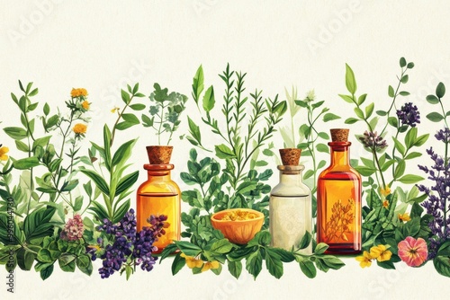 natural remedies art, vibrant images of ayurvedic botanicals on a banner, showcasing the beauty of traditional herbal healing