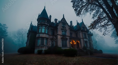 A spooky Gothic Style mansion in the middle of a dark, foggy forest.