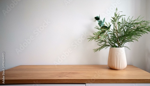 Kitchen wooden countertop on white wall background. Minimalistic room with tabletop and plant in vase for product presentation. Clean closeup mockup. interior of a room with a plant