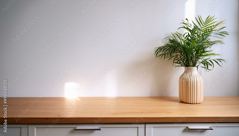 Kitchen wooden countertop on white wall background. Minimalistic room with tabletop and plant in vase for product presentation. Clean closeup mockup. interior of a room with a plant