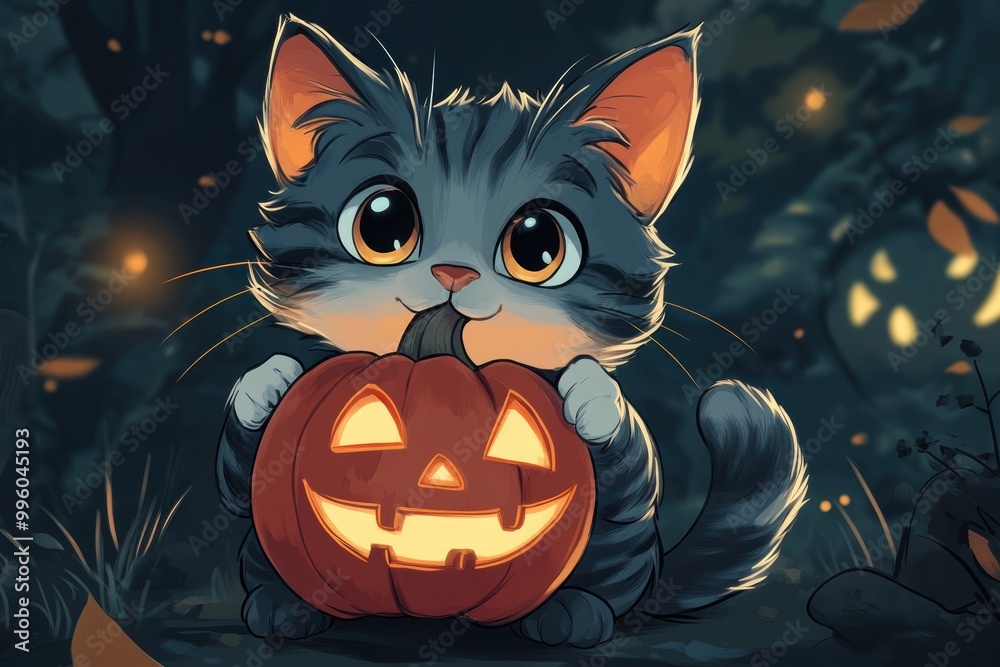 Naklejka premium halloween cat art, cartoon cat holding a pumpkin with a spooky halloween background, doodle character banner