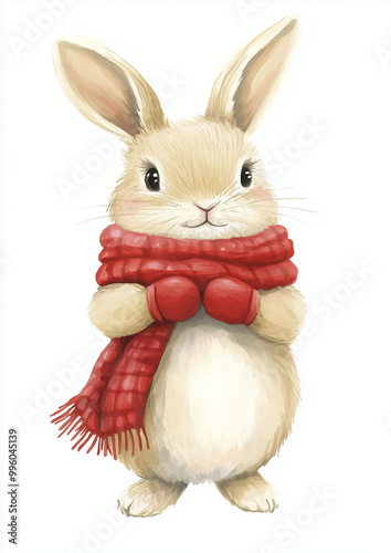 Cute watercolor rabbit in a red scarf on a white background.