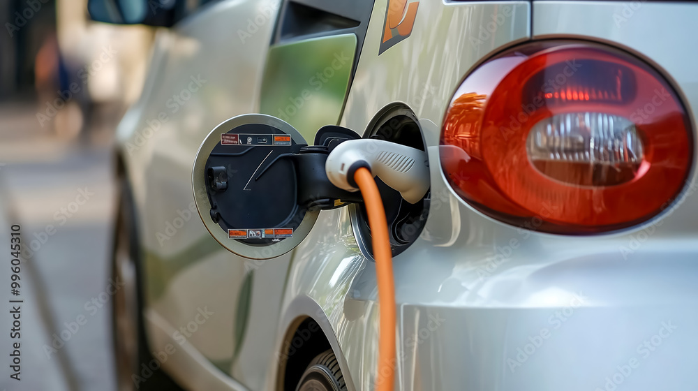 Obraz premium ハイブリッド車の電気ソケットに接続する充電コネクタ