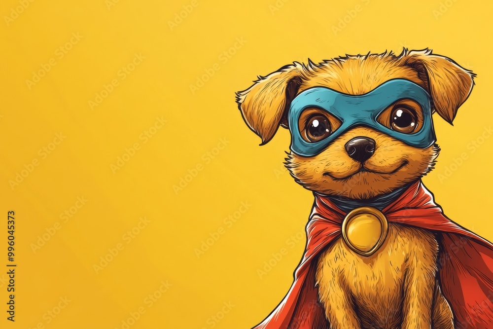 Fototapeta premium illustration of a playful puppy in superhero attire, for a costume party theme banner