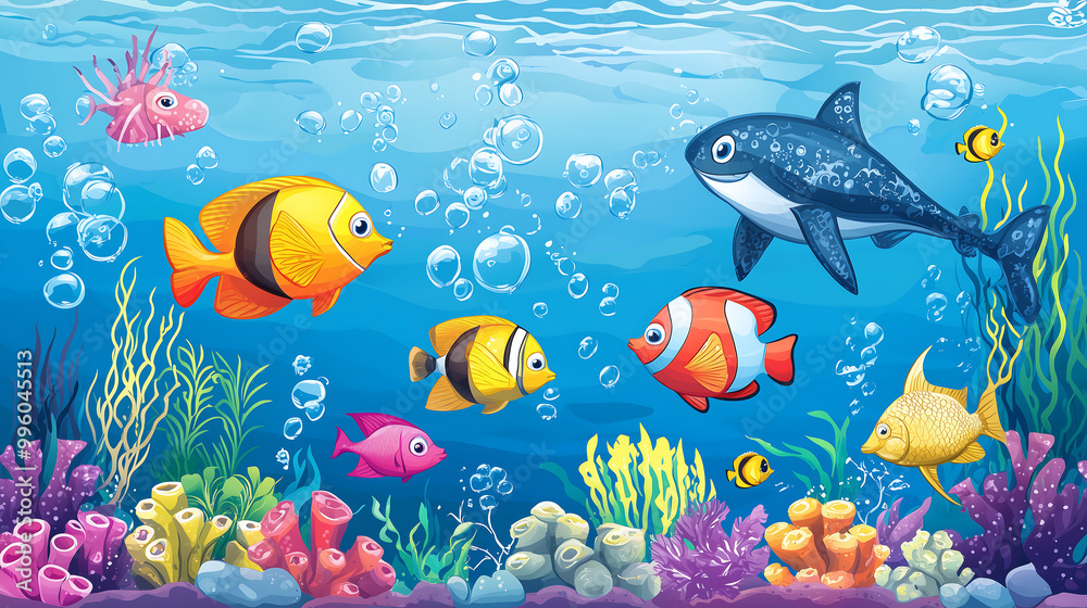 Naklejka premium colorful cartoon illustration of the underwater world with various fish bubbles and coral reefs