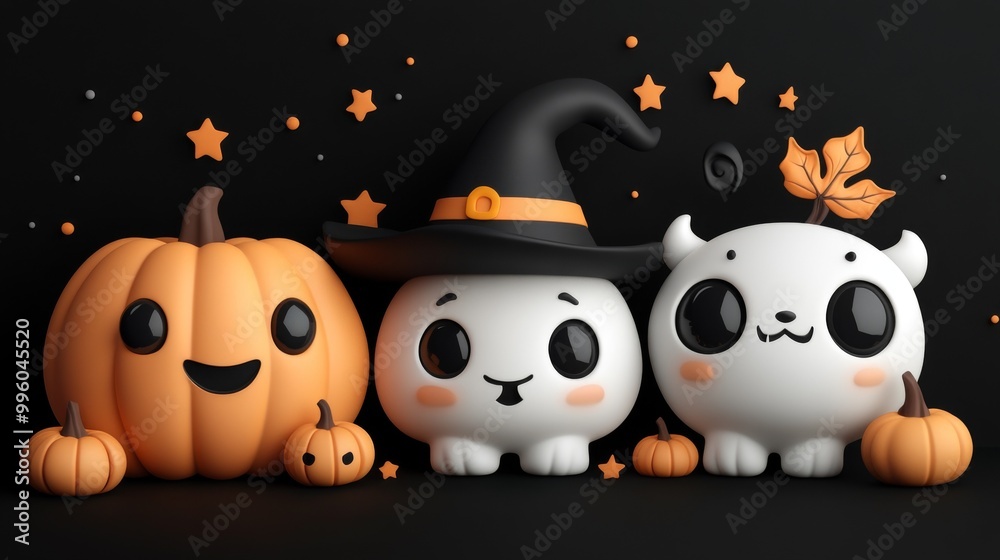Fototapeta premium Whimsical Halloween Characters with Pumpkins and Witches in Festive Autumn Setting