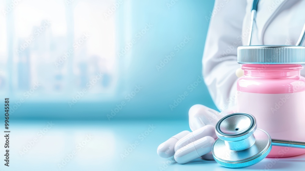 Stethoscope and pink medicine bottle on a blue background. Stethoscope and pink medicine bottle on a blue background.