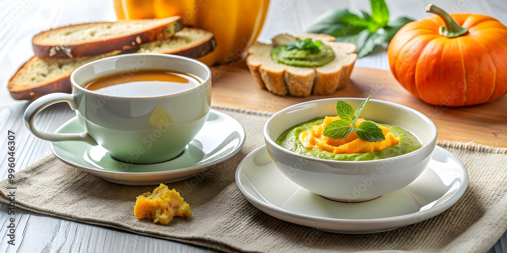 Light breakfast in a restaurant with green tea and pumpkin puree, healthy, food, breakfast, restaurant, morning Light breakfast in a restaurant with green tea and pumpkin puree, healthy, food, breakfast, restaurant, morning