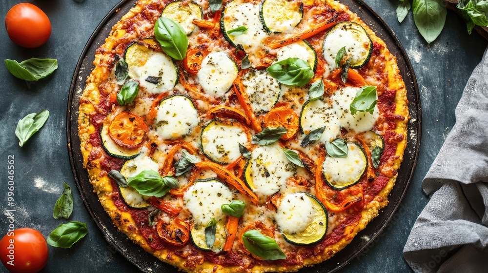 A low-calorie pizza with a zucchini crust, topped with light mozzarella, roasted vegetables, and a sprinkle of fresh herbs