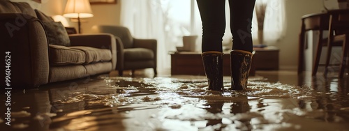 A person standing in their living room with water on the floor, holding rubber boots and facing the camera