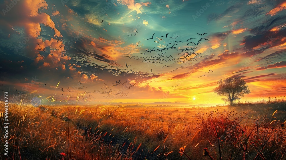 Fototapeta premium Majestic Sky over Wilderness at Sunset: A Spectacular Natural Scenery. Witness the Beauty and Serenity.