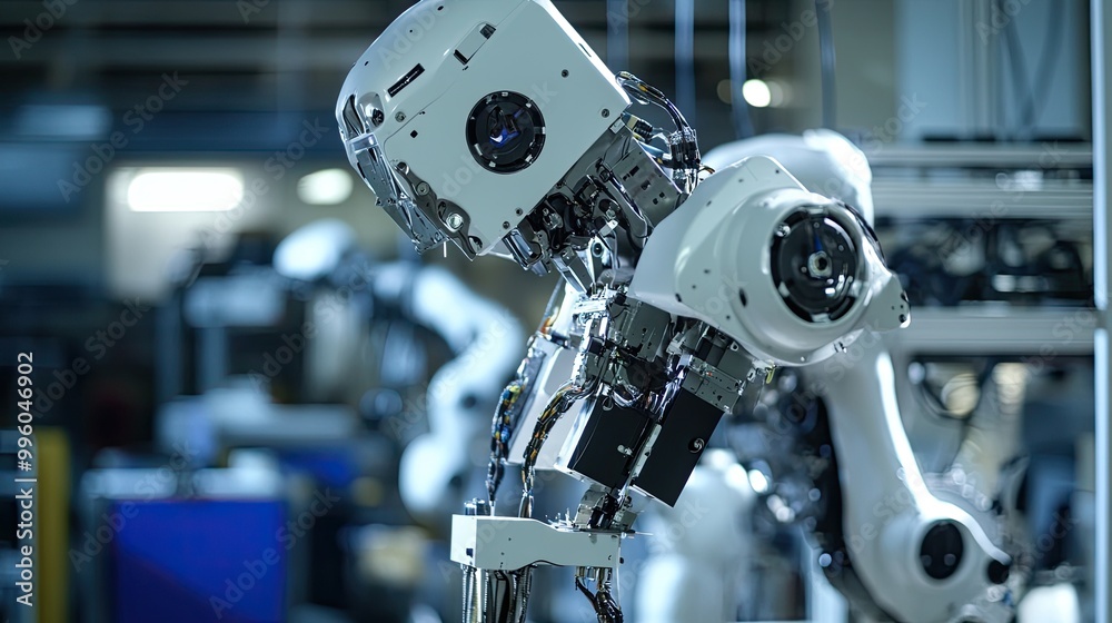A mechanical engineering team designing advanced robotics for industrial applications, using precision tools and automation software A mechanical engineering team designing advanced robotics for industrial applications, using precision tools and automation software