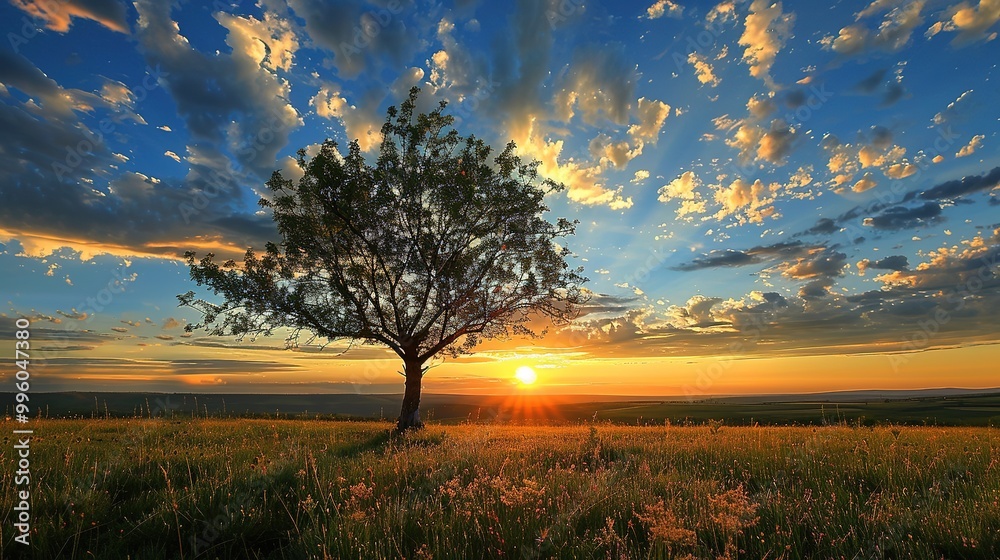 Fototapeta premium Majestic Sky over Wilderness at Sunset: A Spectacular Natural Scenery. Witness the Beauty and Serenity.
